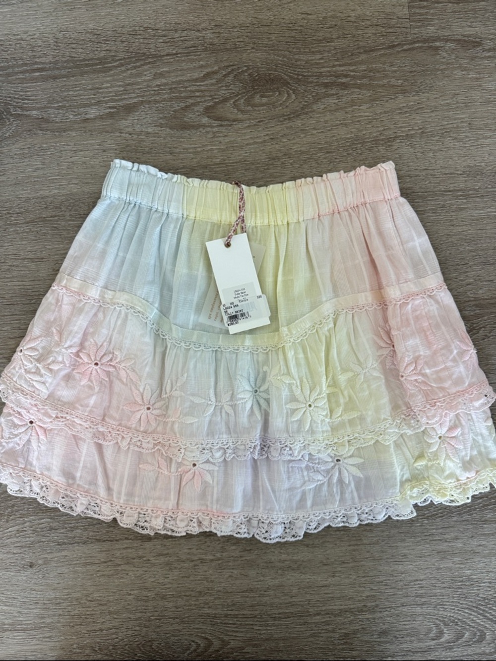 LoveShackFancy Pastel Pink, Yellow & Light Blue Tiered Lace Mini Skirt